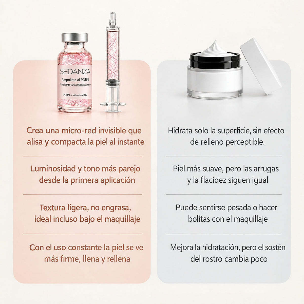 Ampolleta al PDRN comparada con una crema facial convencional